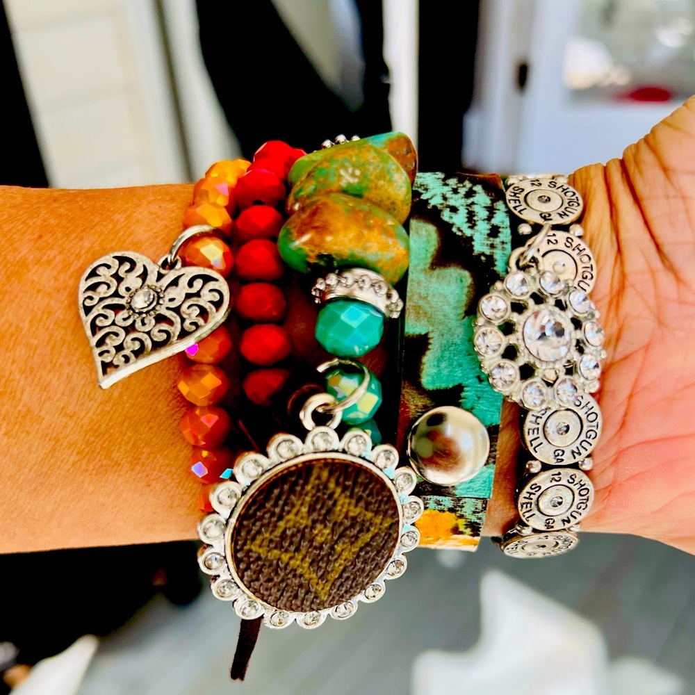 Sandra Ling 12 GA Stone Stack bracelets 
With Upcylcled charm from LOUIS VOUITON